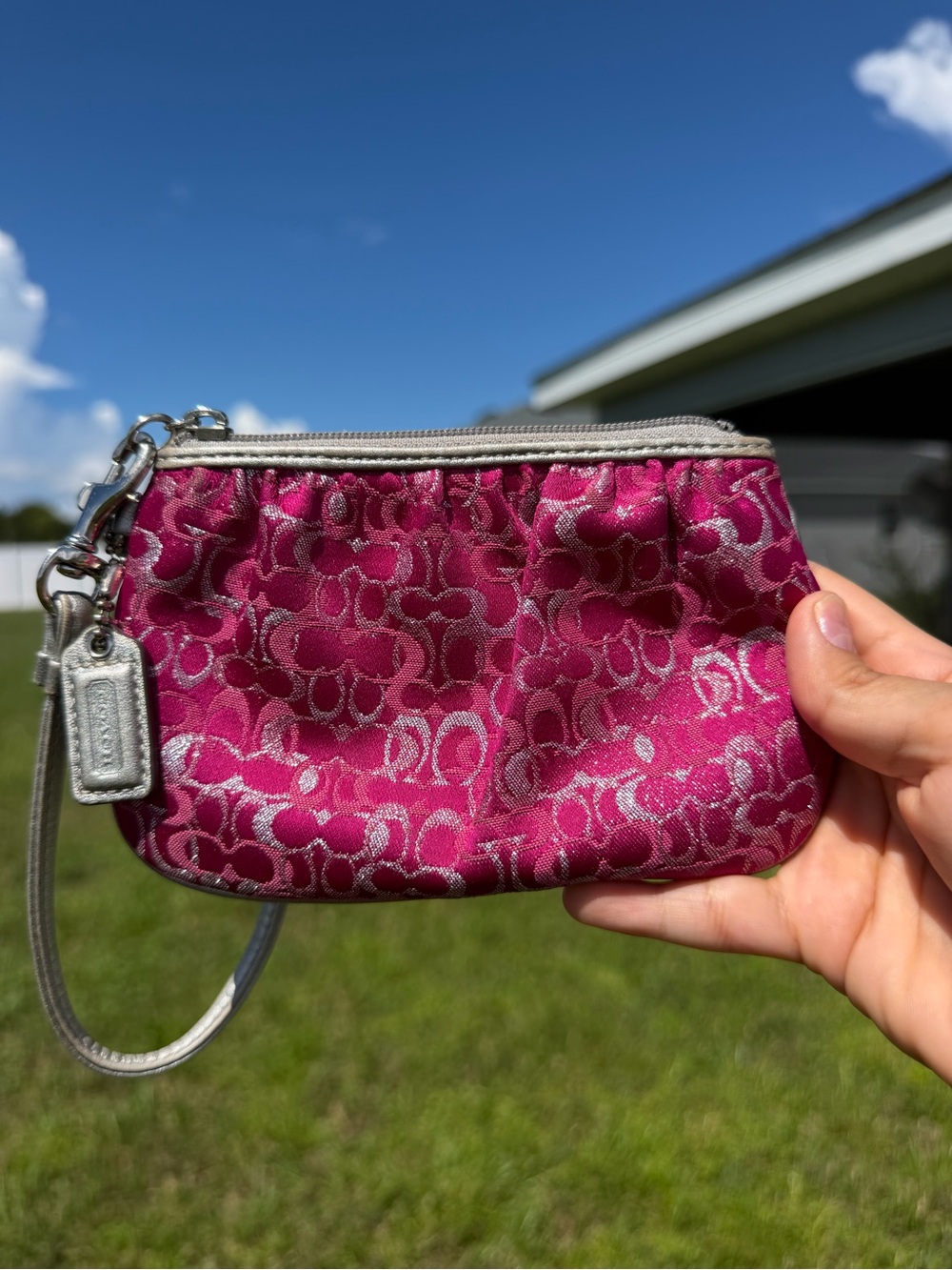 Coach hot Pink and metallic gray Signature Jacquard Wristlet